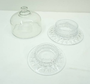 lot 475 image: 6.5 diameter glass dessert dish dome 5.5 tall, 2 glass pillar candle holders