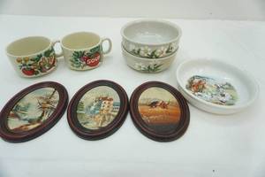 lot 477 image: Vintage Huston Foods Soup Mugs 2ct, Hand-Painted Stoneware Bowls, Vintage Transferware made in Germany Baby Bowl, Vintage Wood Framed Oval Oil Painting Set 6.5x5