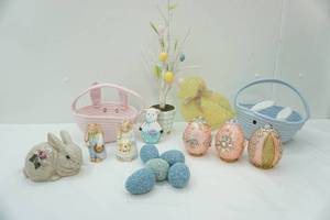 lot 480 image: Jeweled Capiz Shell Easter Eggs, Beaded Easter Eggs, Ceramic Bunny Salt and Pepper Shakers and more