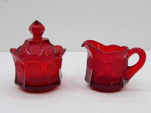 lot 493 image: Fostoria Ruby Red Coin Glass Candy Dish and Sugar Bowl Set