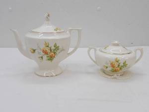 lot 494 image: Vintage Canonsburg Yellow T-Rose 22K Gold Sugar and Teapot Set