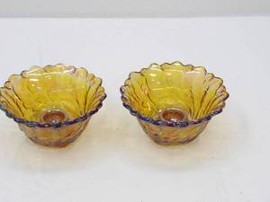 lot 509 image: Vintage Pair of Indiana Glass Amber Gold Carnival Glass Candle Holders