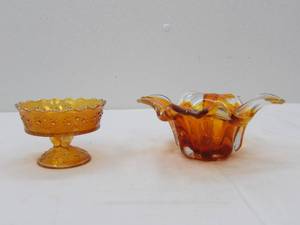 lot 511 image: Vintage Fenton Marigold Carnival Glass Iridescent Compote DIsh Art Glass Transparent Orange Hand-Blown Bowl