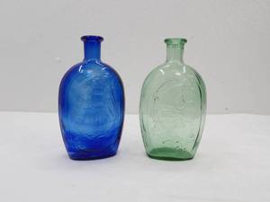 lot 515 image: Vintage Green Glass Eagle Bottle Vintage Blue Glass Ship Bottle