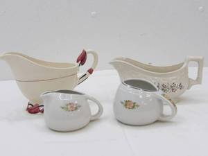 lot 517 image: Vintage Halls White Floral Creamer, Vintage Vernon Kilns Gravy Boat 1940s, VintageAntique Ironstone Gravy Boat English Transferware