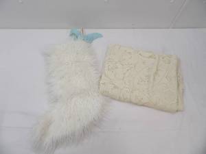 lot 526 image: Off-White Lace Tablecloth, faux fur Christmas Stocking