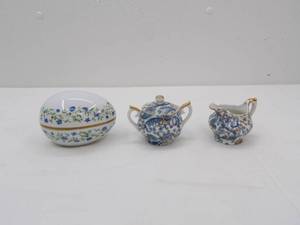 lot 532 image: Limoges France Egg Shaped Trinket Box, Lefton Creamer and Sugar