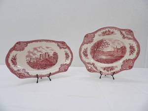 lot 539 image: Johnson Brothers Old Britain Castles Pink Transferware Serving Platter and Oval Plate. Display Stands Included