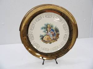 lot 540 image: Vintage Sabin Crest-O-Gold Serving Platter. 22K gold, featuring a Colonial Courting Scene.