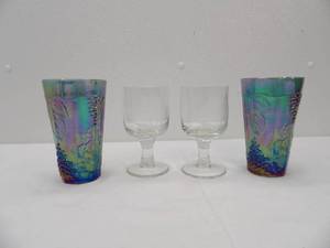 lot 558 image: Vintage Blue Carnival Glass Tumblers, Tuscany Etched Crystal Clipper Ship Stemmed Glasses