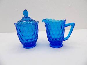 lot 565 image: Vintage Fenton Colonial Blue Thumbprint Sugar and Creamer. Fenton Art Glass.