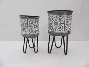 lot 569 image: Set of MDR Trading Inc. White Washed Geometric Patterned Metal Planters