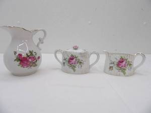 lot 572 image: Vintage Japan Rose Pitcher, Lefton Sugar Container and Creamer