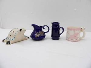 lot 583 image: Mexican Folk Art Tonala Turtle, 1960s Vintage Carousel Pattern Pink and White Cup, Vintage Cobalt Blue Ceramic Creamer and Small Pitcher
