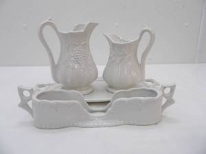 lot 585 image: Vintage Redcliff Ironstone Tray, Ironstone Small PitcherCreamer, Maryland China Utensil Caddy