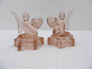 lot 588 image: Vintage Pink Pressed Glass Angel Candleholders