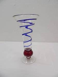 lot 594 image: Hand-Blown Art Glass Trumpet Vase with a blue swirl design and red ball base