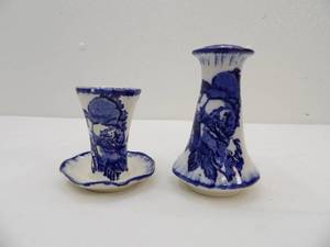 lot 603 image: Vintage Flow Blue Staffordshire England Hat Pin Holders