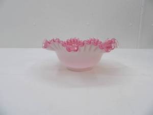 lot 615 image: Vintage Fenton Peach Crest of Silver Crest Ruffled Milk Glass Bowl.