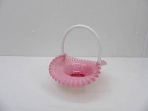 lot 623 image: Fenton Cranberry Opalescent Hobnail Glass Basket