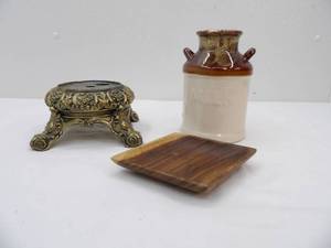 lot 640 image: Cast Metal Lamp Base, Wood Plate, Stoneware Milk Jug wbrown drip glaze