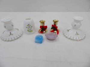 lot 651 image: Vintage Fenton White Silver Crest Spanish Lace Violet Snow Hand-Painted Candlestick Holders, Fenton Violets in the Snow Vase