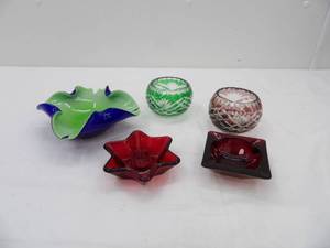 lot 652 image: Anchor Hocking Ruby Red Ashtray, Fifth Ave Crystal Votive Candle Holder, Green Glassware Ashtray Murano-Style, Red Glass Candlestick Holder