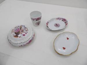 lot 654 image: Vintage Limoges France Trinket Dish, Cup, and small plates. Matching Set