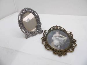 lot 656 image: Vintage Silver Toned Oval Metal Cherub Picture Frame, Vintage Ornate Brass Framed Print Miss Murray (reproduction)