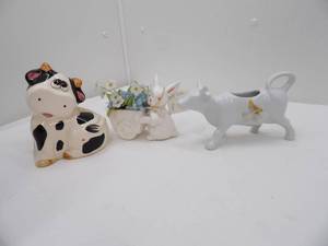 lot 662 image: Vintage Ceramic Easter Rabbit with Flowers, Frieda Cow Creamer, Holstein Napkin Holder