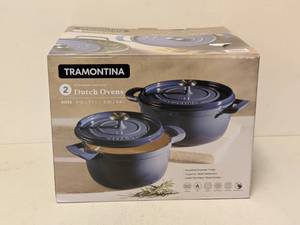 lot 46 image: NEW TRAMONTINA ENAMELED CAST IRON DUTCH OVEN SET 2PK.