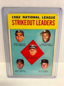 lot 63 image: 1963 Topps NL Strikeout Leaders - DrysdaleKoufaxGibsonFarrell