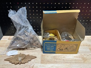 lot 9 image: Vintage Set of McKee Hottle Glasbake Carafes and Victorian Carved Wood Furniture Handles