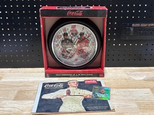 lot 43 image: Coca Cola NASCAR Dale JR and SR Wall Clock, Vintage Calendar ad Trading Card