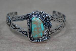 lot 109 image: Silver Tone Cuff Bracelet - Turquoise Stone - Flowers