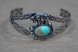 lot 110 image: Silver Tone Cuff Bracelet - Turquoise Stone - Buffalo