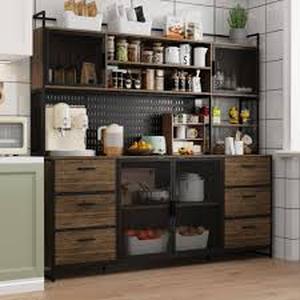 lot 38 image: FUFU&GAGA Brown Wood 70.9 in. W Buffet Sideboard Kitchen Pantry Cabinet For Dining Room with Metal Mesh Doors, 6-Drawers, Shelves     Customer Returns See Pictures