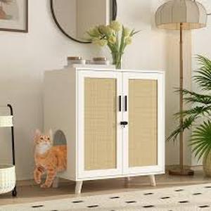 lot 53 image: FUFU&GAGA Modern Cat Litter Box Enclosure, Indoor Hidden Litter Box Furniture Cat Washroom Storage with Lock Sisal Door for Rooms  Customer Returns See Pictures