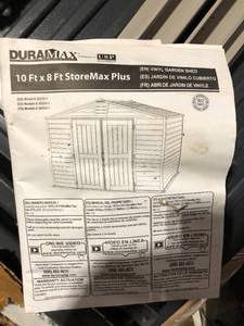 lot 65 image: Storemax 10 ft. x 8 ft. Gray Vinyl Storage Plastic Shed 85 sq. ft. Damaged   Customer Returns See Pictures