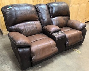 lot 5 image: Brown Leather reclining love seat