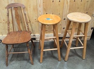 lot 232 image: Vintage wooden chair, and two wooden stools