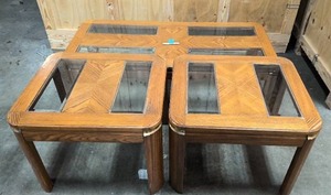 lot 56 image: Solid wood side tables and matching coffe table with glass inserts