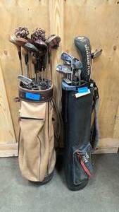 lot 72 image: Two right handed sets of golf  clubs and bags  Taylor made, mizuno, and vintage woods