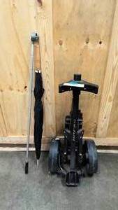 lot 80 image: Top flite push cart, golf umbrella, and ball retriver