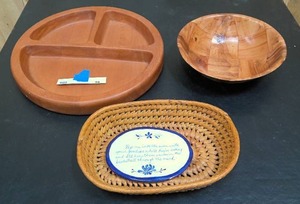 lot 96 image: Wood Serving dish, basket, and basket with warming plate