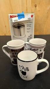 lot 105 image: KitchenAid Coffee Grinder and 3 coffee cups