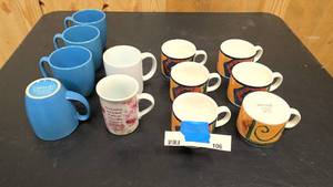 lot 106 image: 4 blue Corelle Stoneware coffee cups, 2 misc coffee cups, and 6 majesticware coffee cups