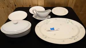 lot 116 image: Large ceramic platter, gravy boat with plate, ceramic dish with cover, 3 misc plates
