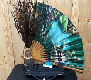 lot 153 image: Small wood decorative shelf, Stray table dcor, and bamboo fan