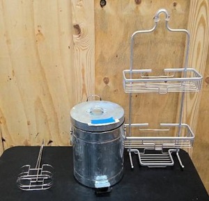 lot 154 image: Small bathroom trash can, shower caddy, and hanging caddy